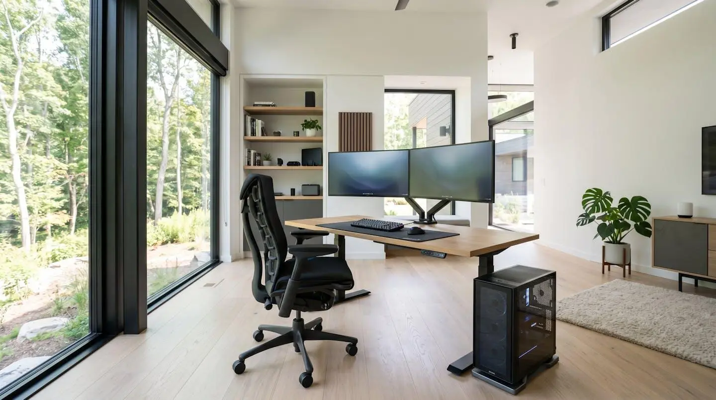 Bureau de gaming moderne avec siège gaming au centre, lumière naturelle abondante, décor contemporain 2026