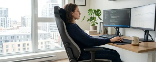 Une personne assise de profil sur un siège gaming moderne dans un bureau contemporain lumineux, main posée sur une souris
