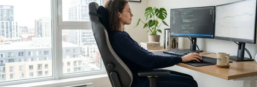 Une personne assise de profil sur un siège gaming moderne dans un bureau contemporain lumineux, main posée sur une souris