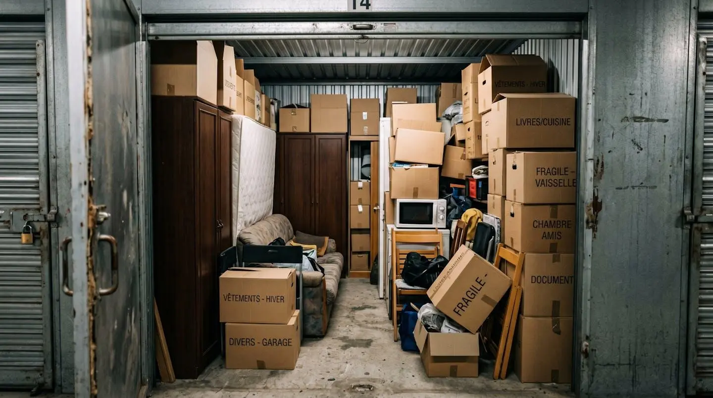 Intérieur d'un box de stockage surchargé avec cartons empilés de façon instable, meubles mal protégés et accès difficile illustrant une erreur de sous-estimation du volume